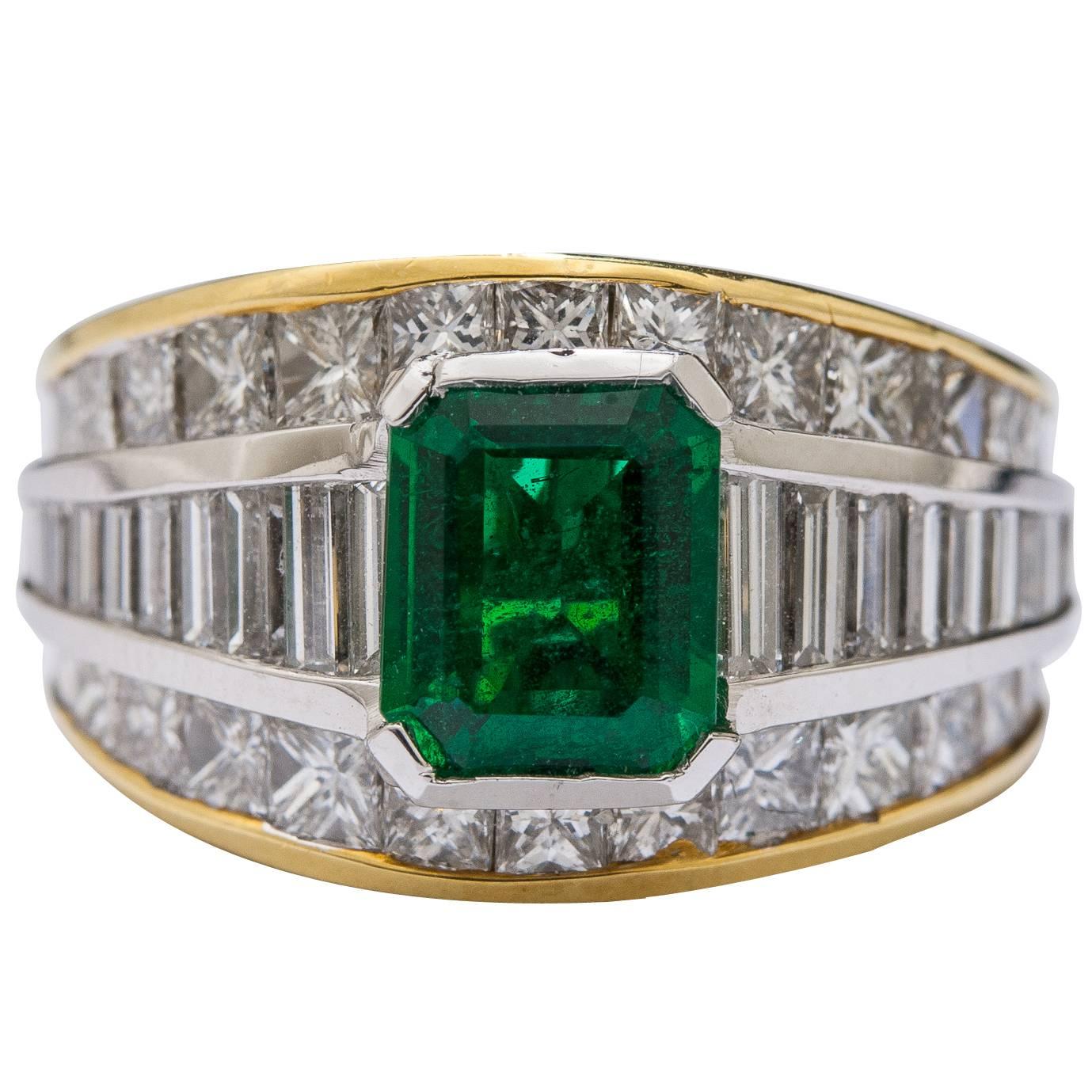 Emerald Diamond Gold Platinum Ring For Sale
