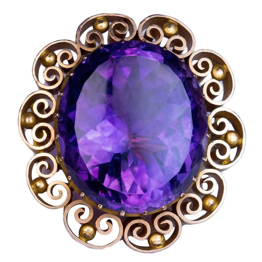 Victorian Era Antique Russian Amethyst Gold Brooch Pin For Sale