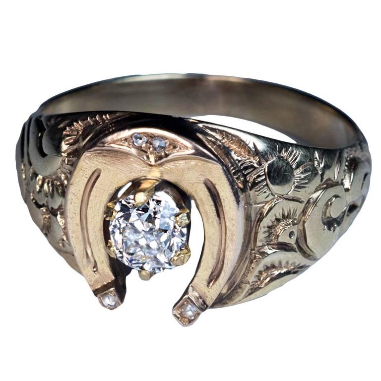 Antique Mid 1800s Diamond Gold Men’s Horseshoe Ring For Sale at 1stdibs
