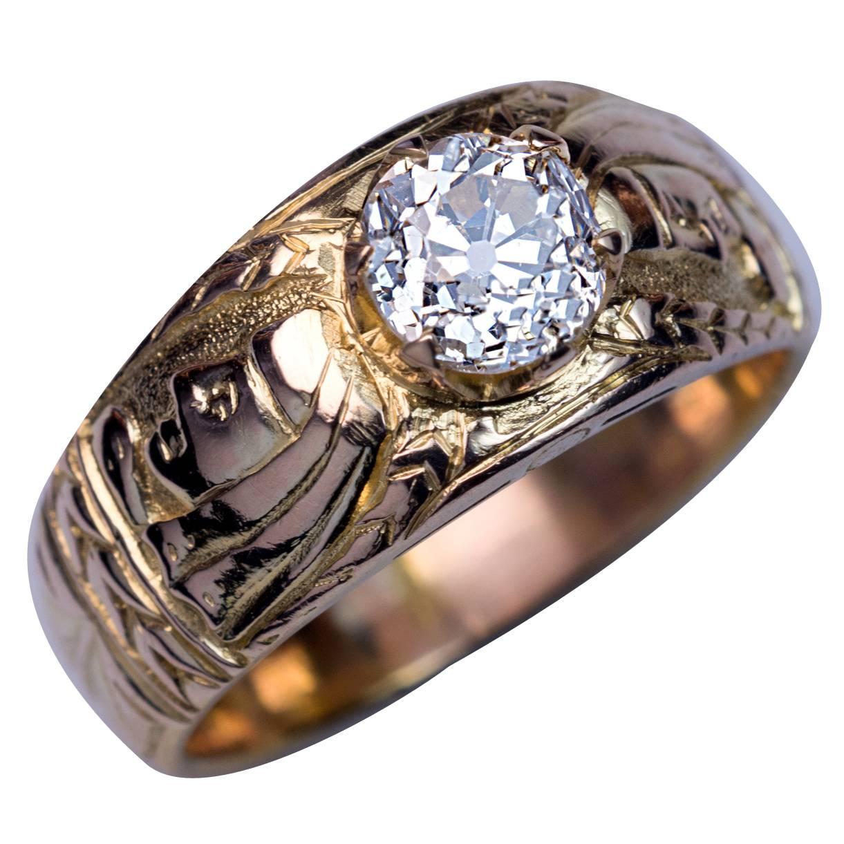 Antique Diamond Chased Gold Men’s Ring For Sale