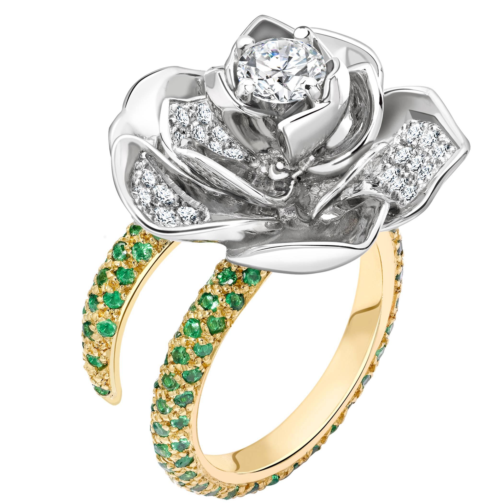 Ana De Costa Platinum Yellow Gold White Round Diamond Green Tsavorite Lotus Ring For Sale