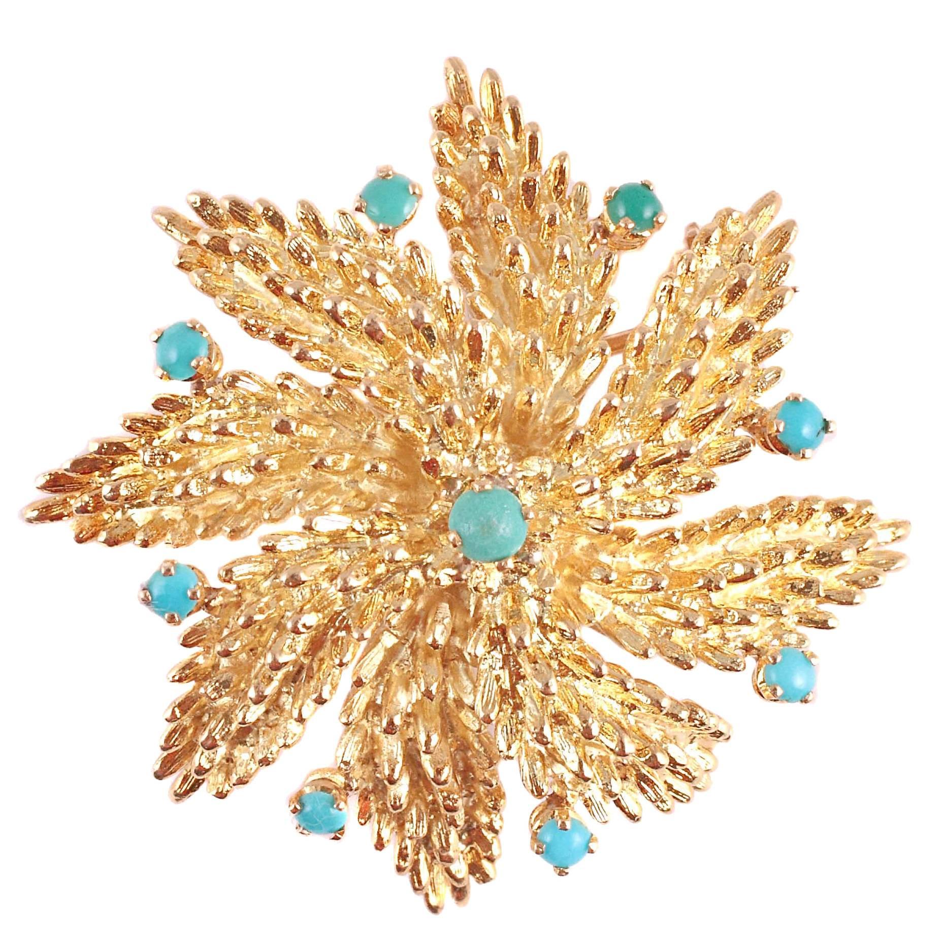 1960s Turquoise Gold Spiral Star Shape Brooch