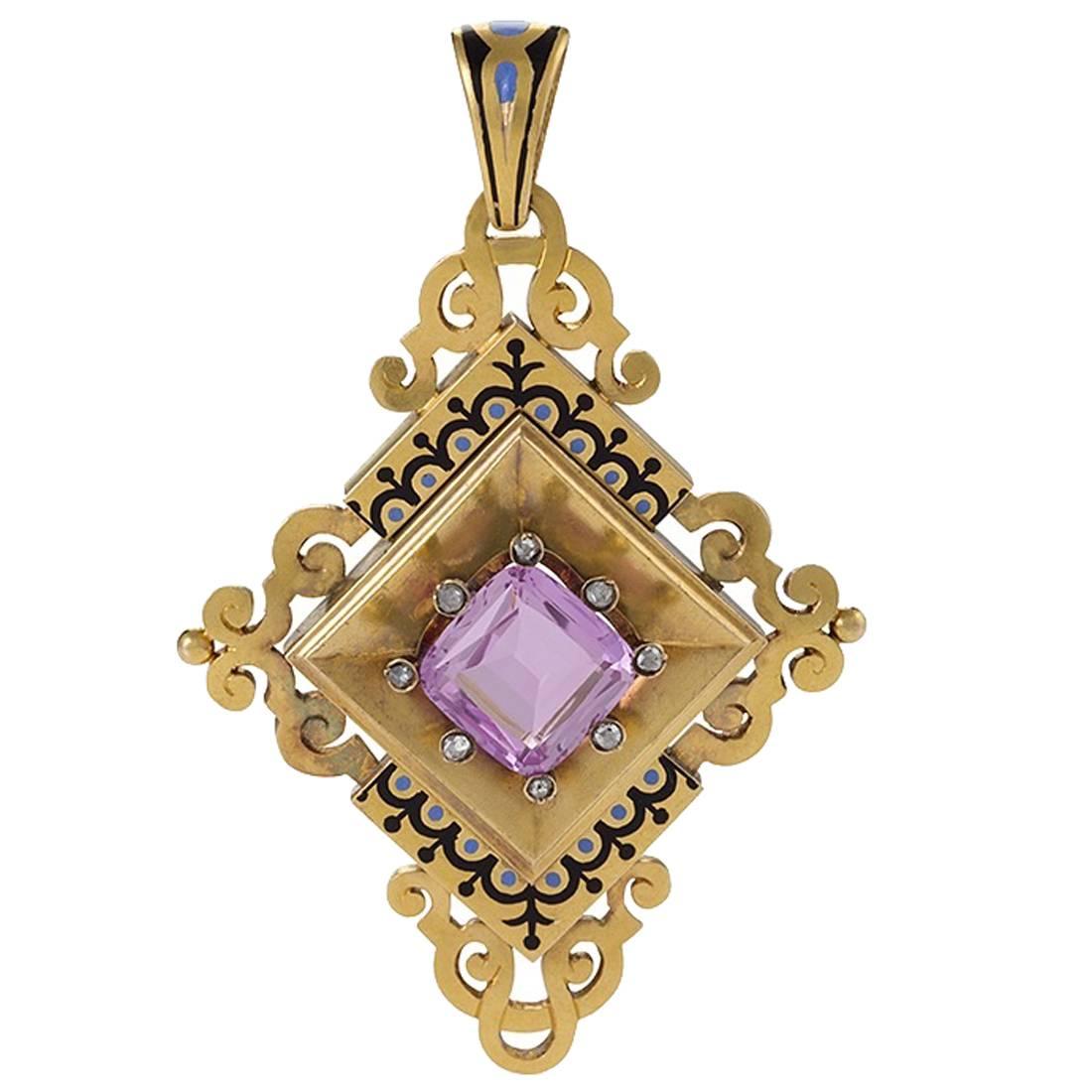 English Victorian Gothic Revival Pink Topaz, Diamond, Gold and Enamel  Pendant 