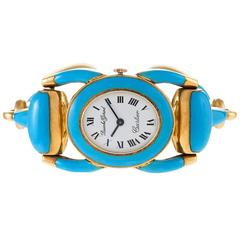 Cartier-Beuche Girod 1970s Ladies Yellow Gold Enamel Stirrup Wristwatch