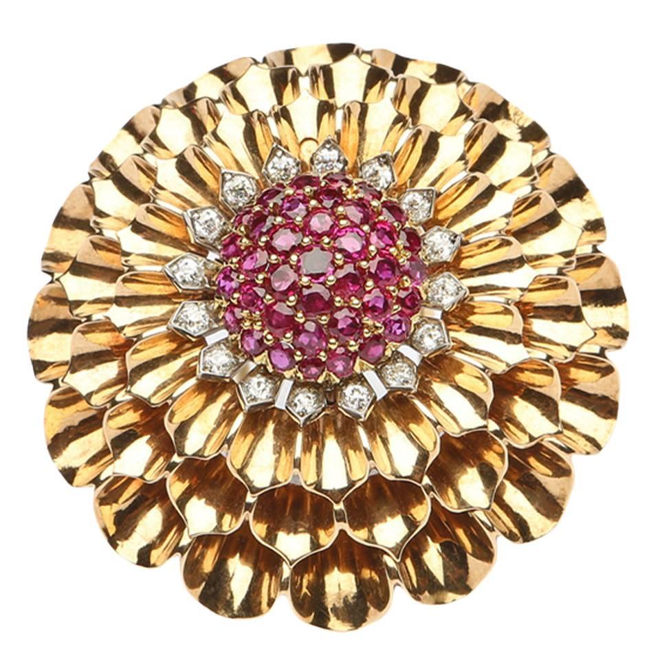 Cartier Ruby Diamond Gold Brooch