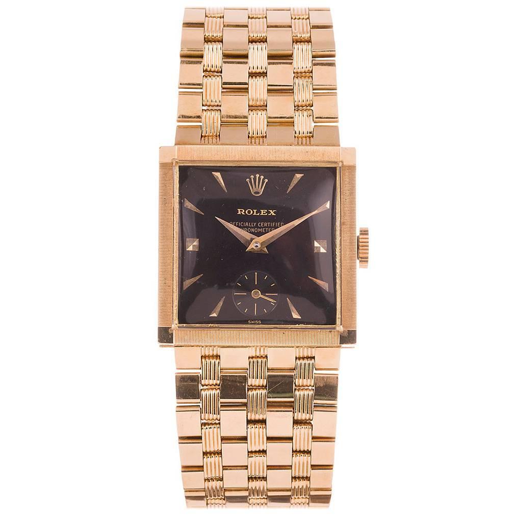 Rolex Yellow Gold Gilt Dial Square Case Wristwatch Ref 9347 For Sale at
