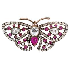 Early Victorian Ruby Diamond Silver Gold  En Tremblant Butterfly Pin