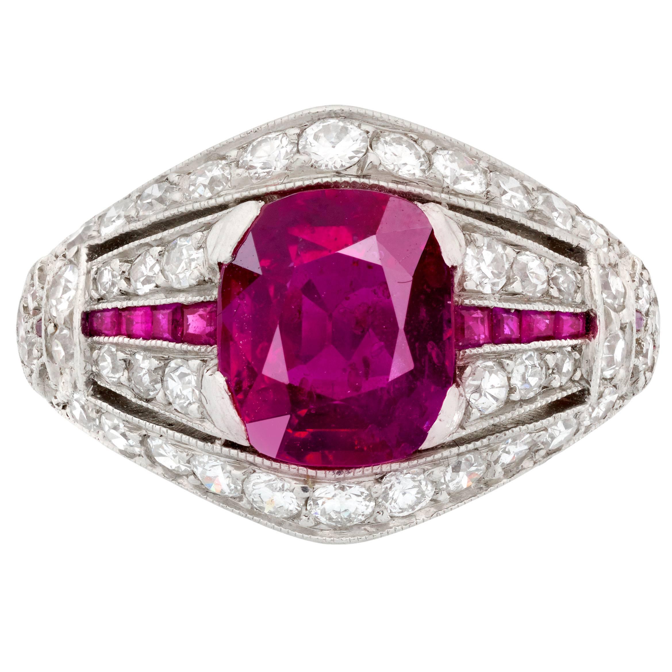 1930s Art Deco Untreated Burmese Ruby and Diamond Platinum Ring For Sale