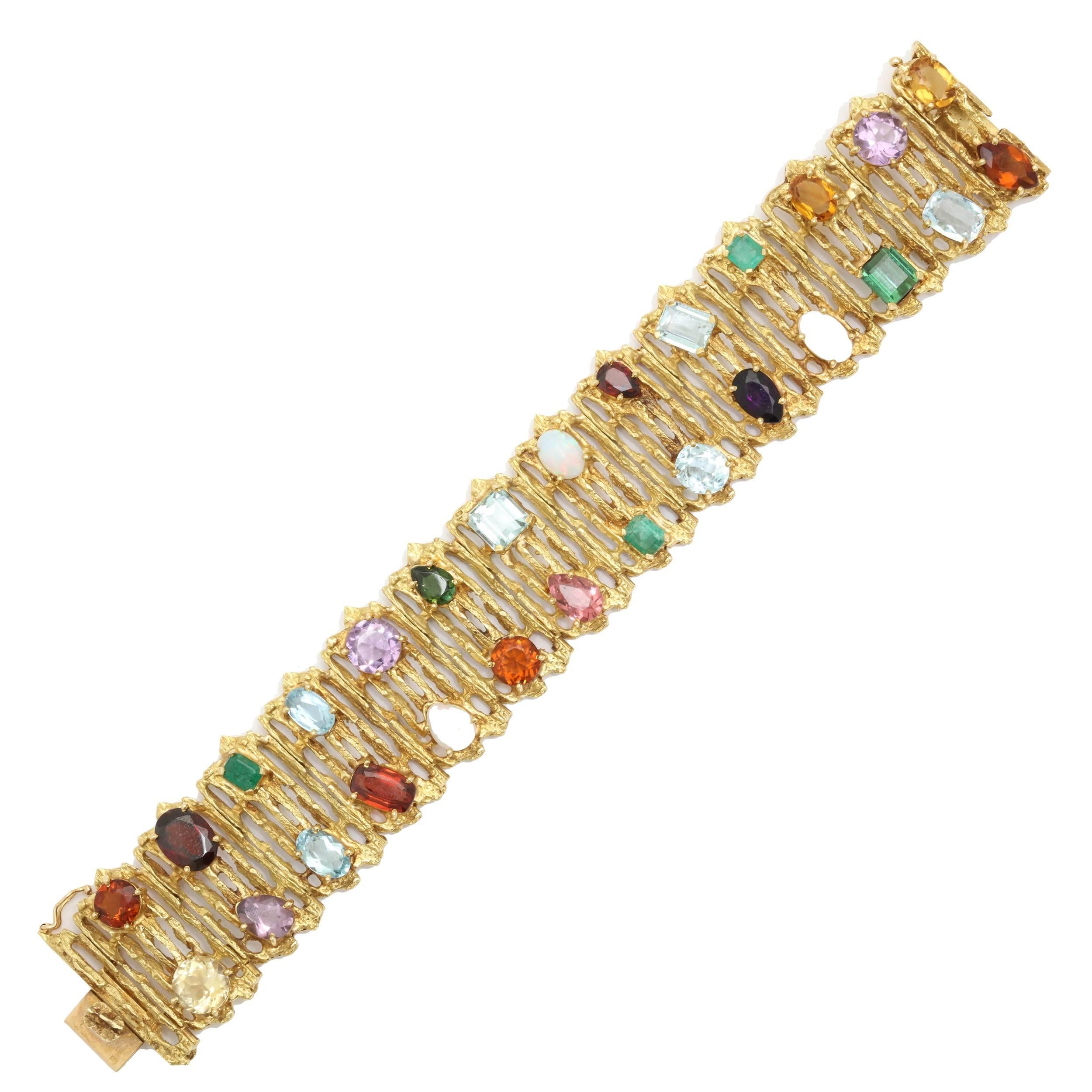 1960s H.Stern Multi-Colored Gemstone Gold Flexible Textured Bracelet
