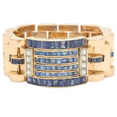 1940s Calibre Cut Sapphire Diamond Gold Flexible Link Bracelet