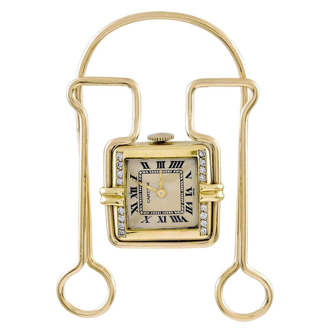 1930s Cartier Diamond Gold Money Clip with Watch