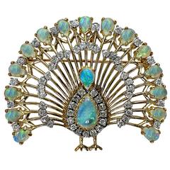 Vintage Opal Diamond Gold Peacock Brooch 