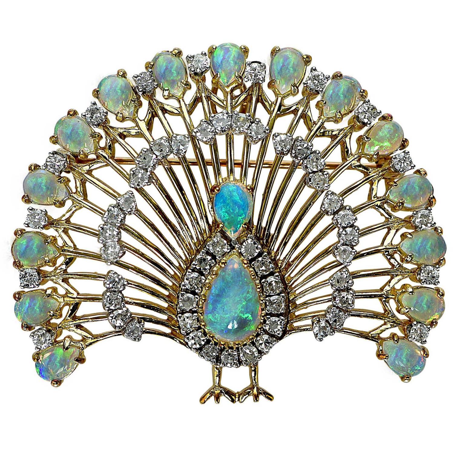 Opal Diamond Gold Peacock Brooch at 1stdibs