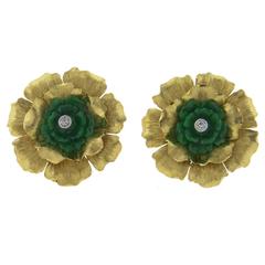 Buccellati Carved Emerald Diamond Gold Flower Earrings