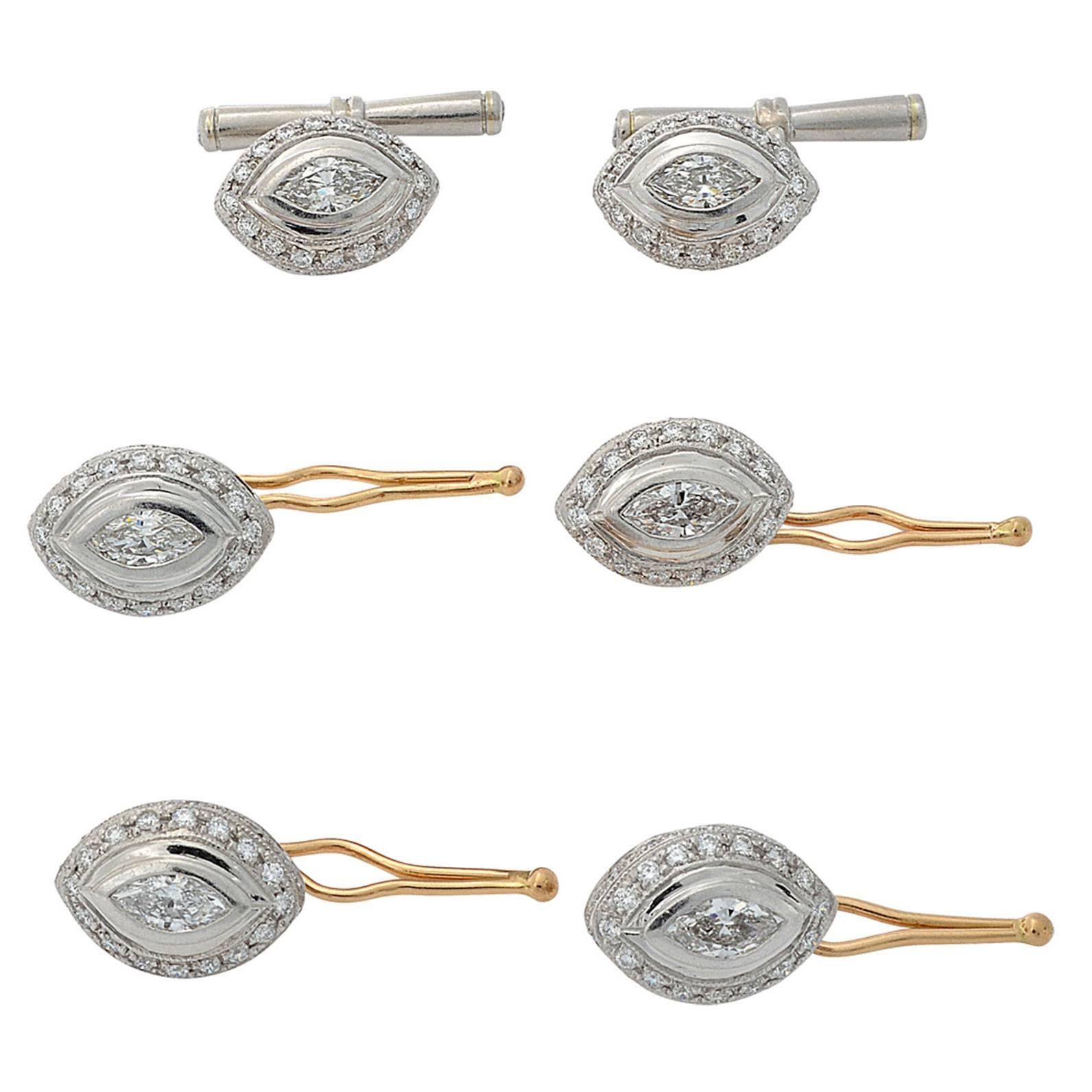 5.43 Carats Diamond Gold Platinum Shirt Studs Lapel Pin and Cuff Link Set For Sale