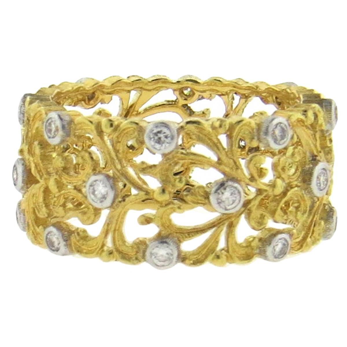 Buccellati Diamond Gold Wide Wedding Band Ring 