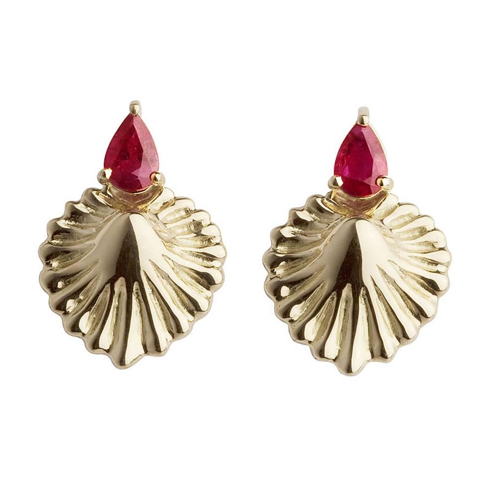 Milena Kovanovic Ruby Gold Shell Earrings For Sale
