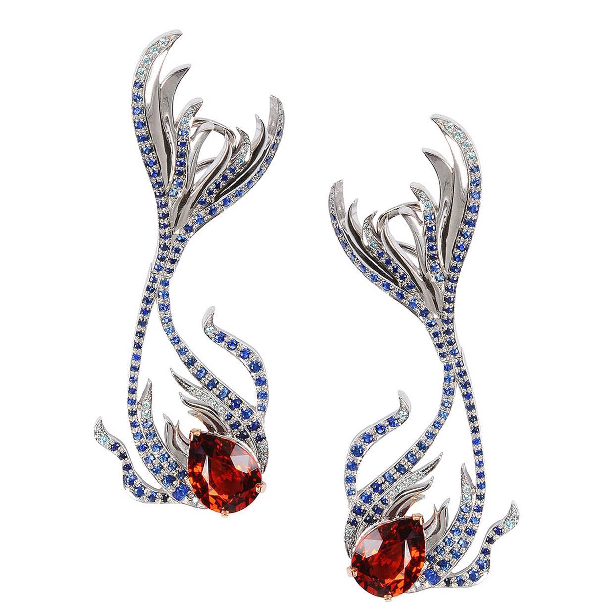 Milena Kovanovic Spessartine Sapphire Diamond Gold Earrings For Sale