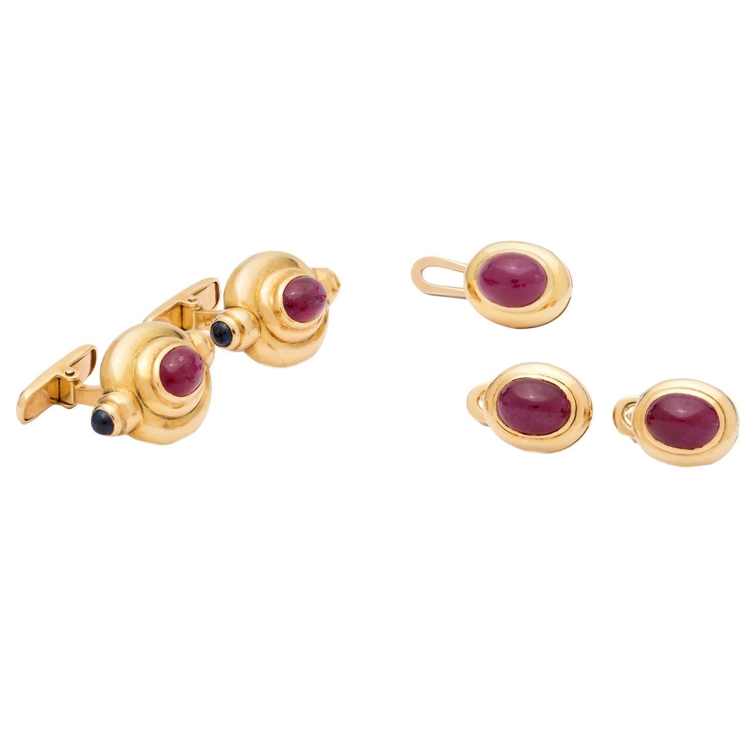 Ruby Sapphire Gold Cuff Links and Shirt Studs Dress Set