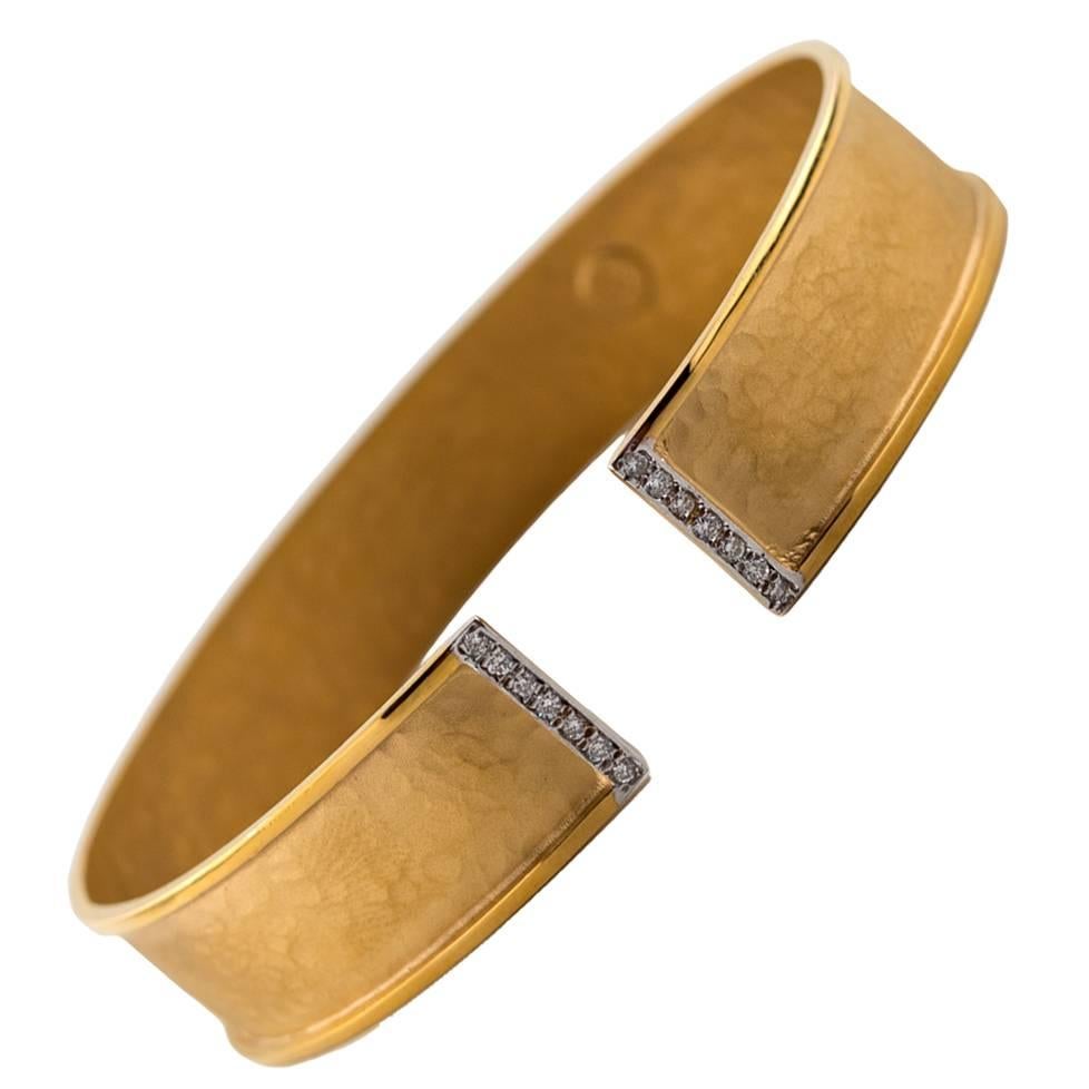 Diamond Gold Hammered and Satin Flex Cuff Bracelet 