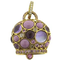 Large Pink Gemstone Diamond Gold Chantecler Bell Pendant Enhancer