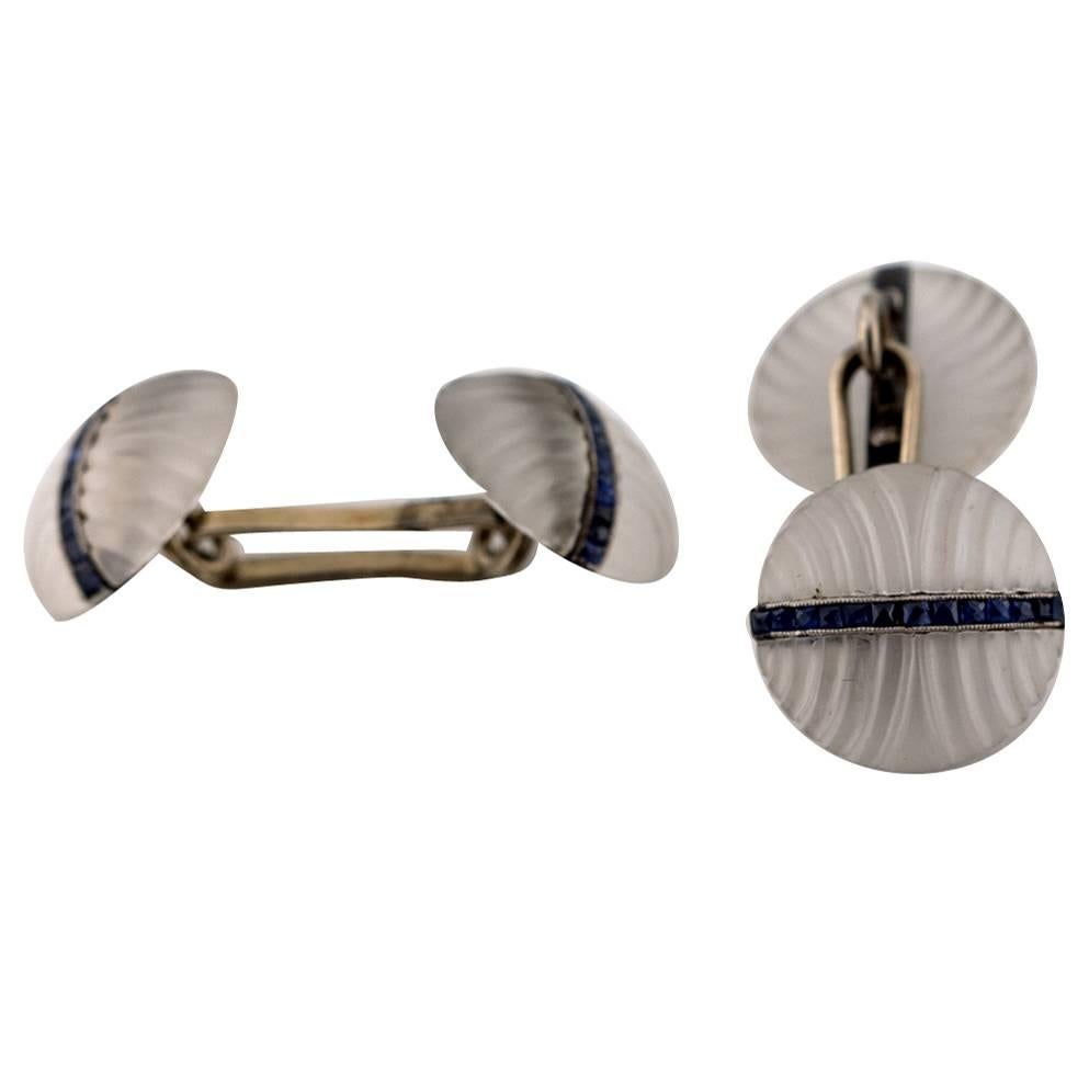 White Gold French Cufflinks Christal Mat Sapphires Blue For Sale