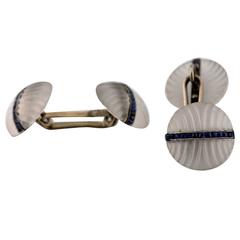 Antique White Gold French Cufflinks Christal Mat Sapphires Blue