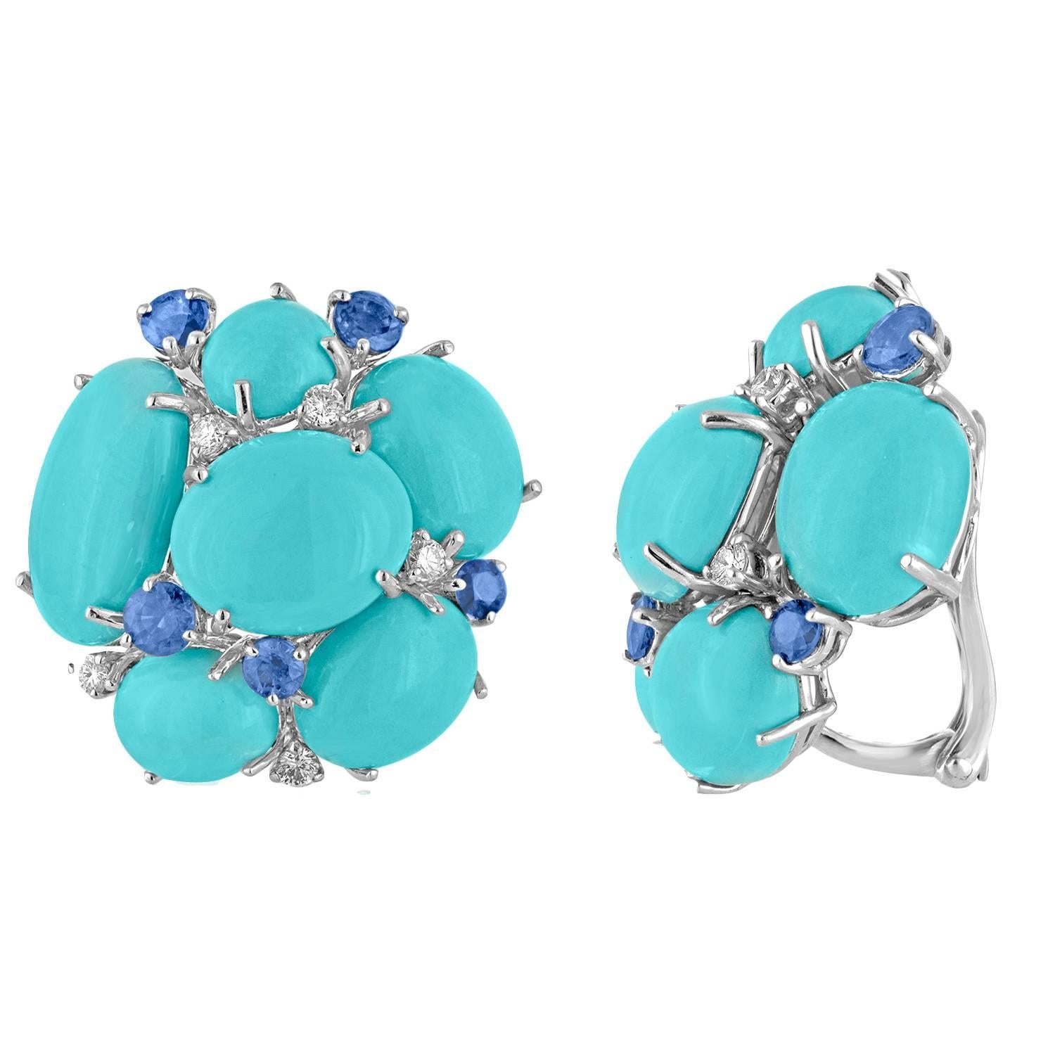 52.60 Carats Turquoise Sapphire Diamond Gold Cluster Clip Earrings