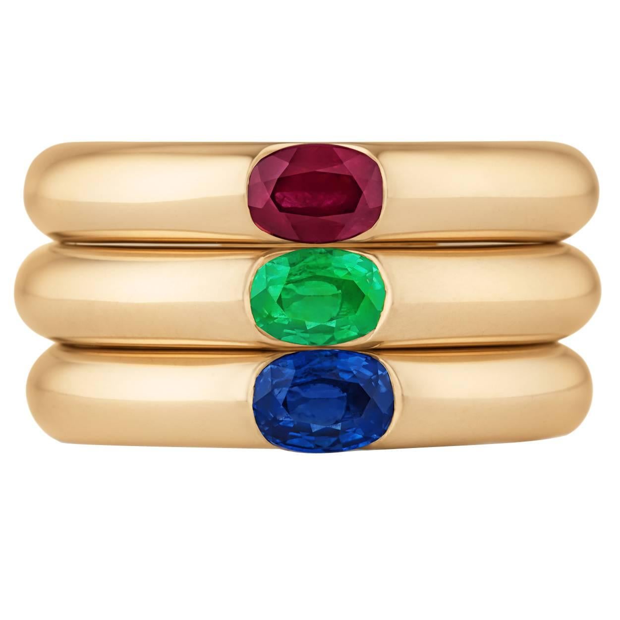 Cartier Ellipse Ruby Emerald Sapphire Gold Stacking Rings