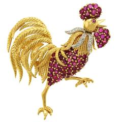 Vintage Tiffany & Co. Ruby Diamond Gold Rooster Brooch