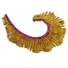 1960s Large Whimsical Brushed Finish Gold Ruby Brooch Pin