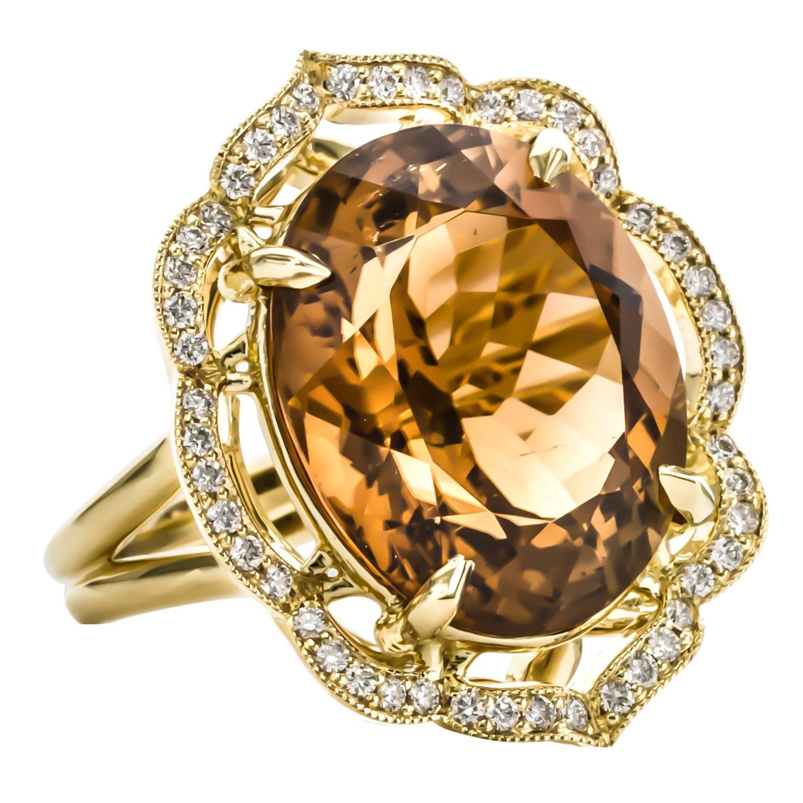 One of a Kind 23.27 Carat Orange Tourmaline Diamond Gold Cocktail Ring For Sale