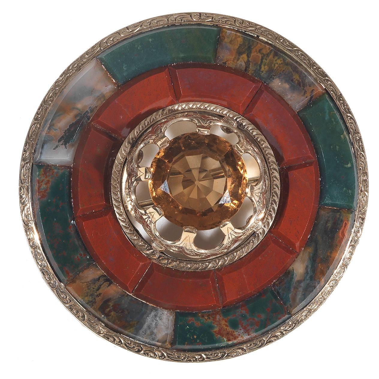 Large Citrine Jasper Bloodstone Agate Scottish Brooch Pendant