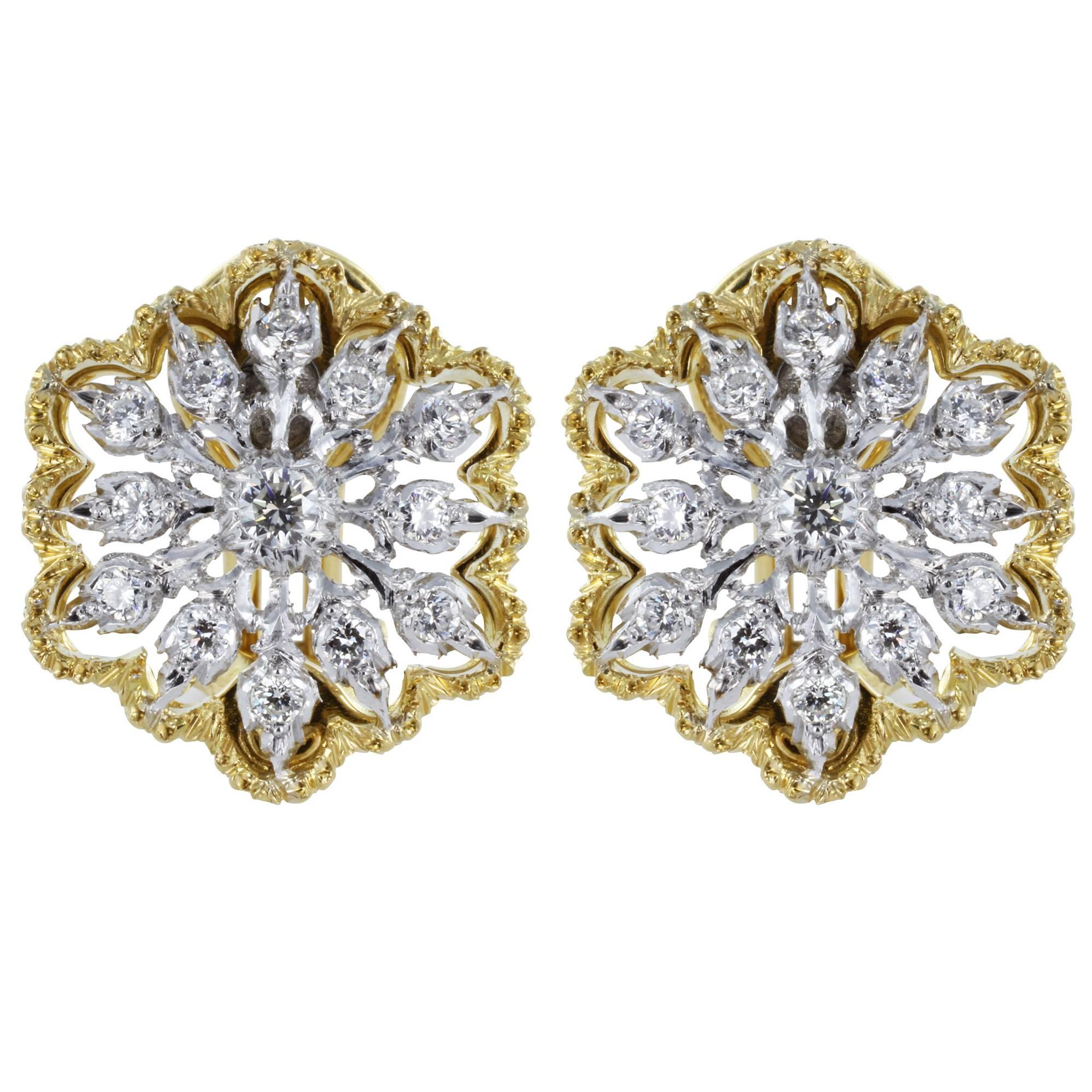 Buccellati Cassiopeia Design Open Work Diamond Two Color Gold Clip Earrings For Sale