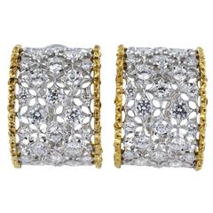 Vintage Buccellati Scacchi Diamond Two Color Gold Hoop Earrings