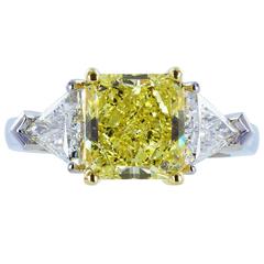 2.50 Carat GIA Cert Fancy Intense Canary Diamond Gold Platinum 3 Stone Ring