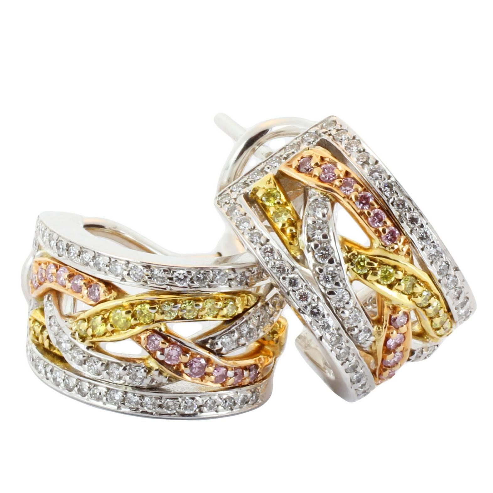 Fancy Color Diamond Three-Color Gold Hoop Earrings For Sale