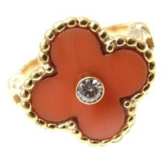 Van Cleef & Arpels Retro Alhambra Diamond Coral Gold Ring