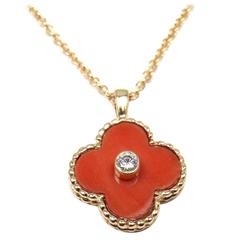 Van Cleef & Arpels Vintage Alhambra Diamond Coral Yellow Gold Pendant Necklace