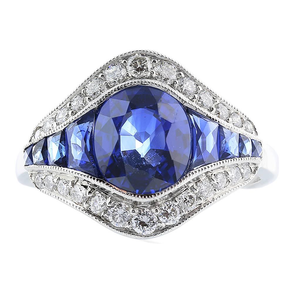 2.15 Carat Sapphire Diamond Platinum Ring For Sale