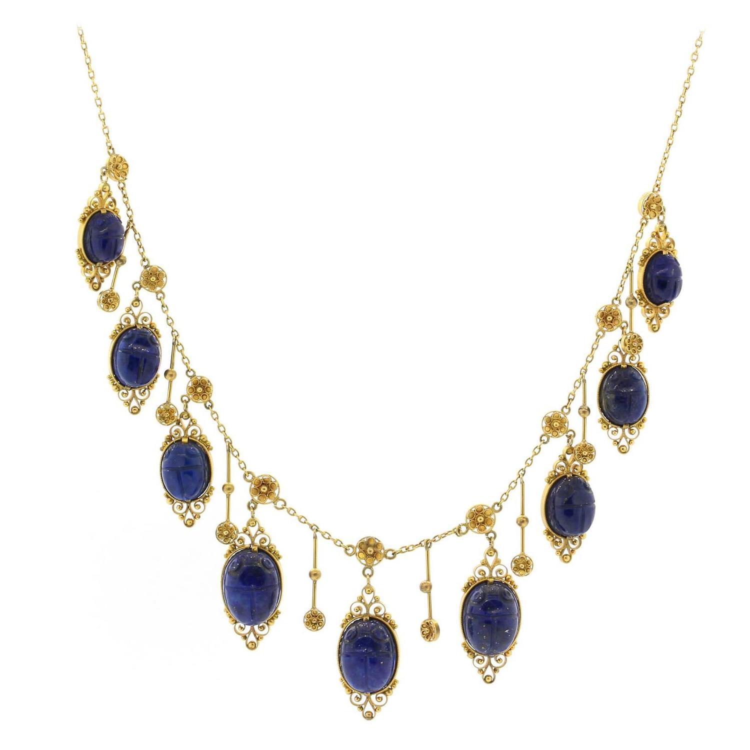 Egyptian Revival Lapis Lazuli Gold Scarab Necklace at 1stdibs