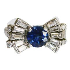 Vintage Art Deco Sapphire Diamond Platinum Bow Ring