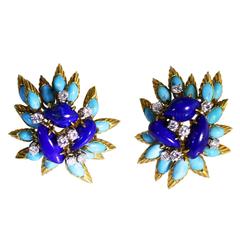 1960s Turquoise Lapis Lazuli Diamond Gold Earclips