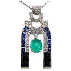 Art Deco Onyx Sapphire Emerald Diamond Platinum Pendant 