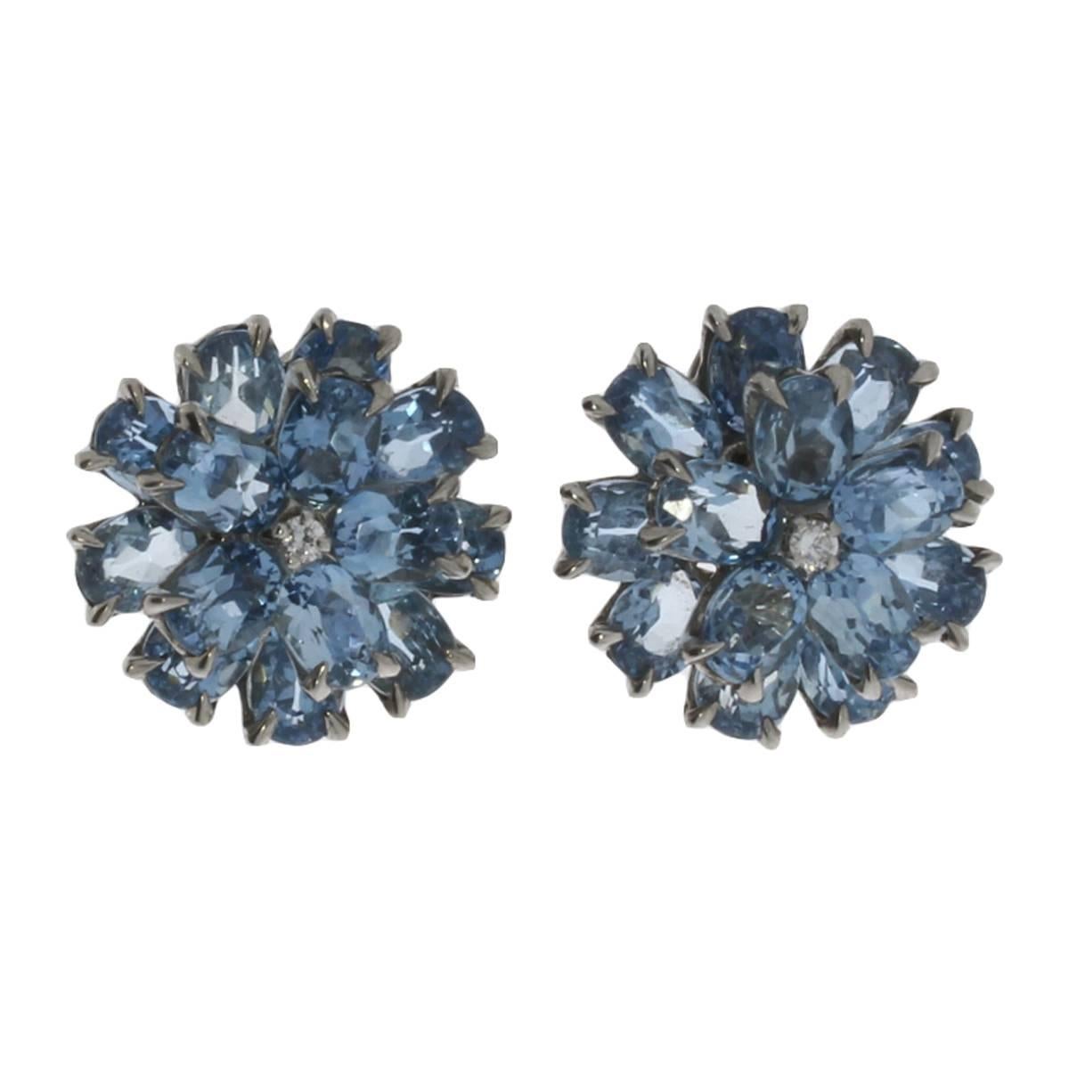 Floral Shape Aquamarine Diamond Gold Stud Earrings For Sale