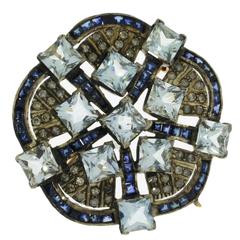 Aquamarine Diamond Silver Gold Flower Shape Brooch Pendant 2