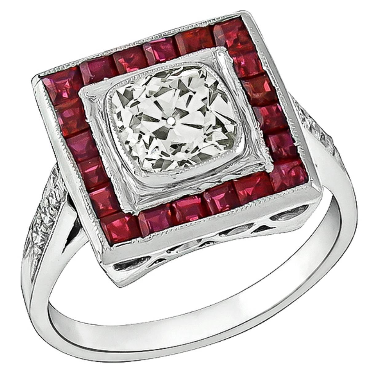 1.15 Carat Old Mine Cushion Cut Diamond Ruby Platinum Engagement Ring