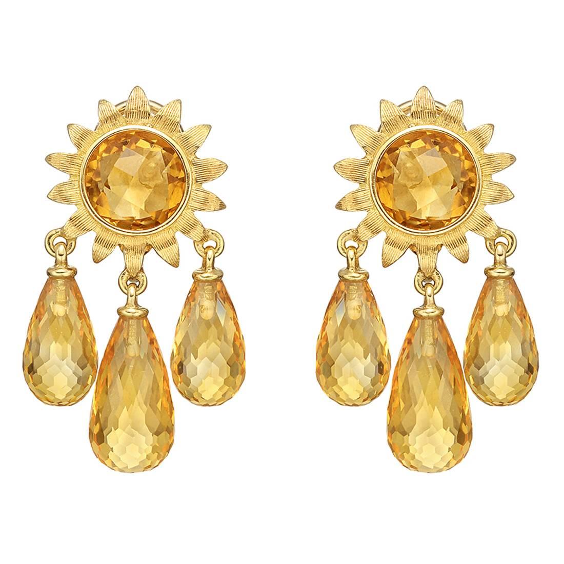 Bielka Citrine Gold Sunflower Chandelier Earrings at 1stDibs
