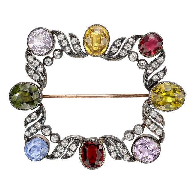 Late Victorian Multicolored Gemstone Diamond Silver Gold Brooch at 1stDibs