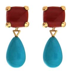 Cushion Coral and Drop Turquoise Earrings